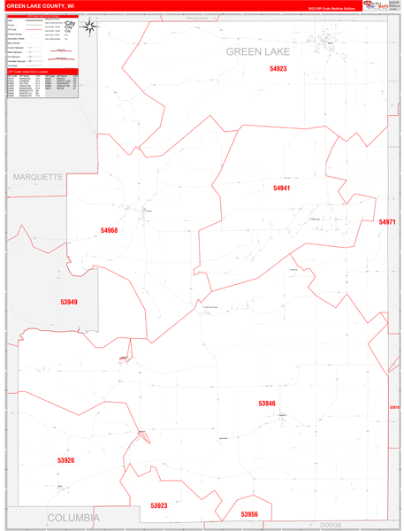 Green Lake County Wall Map Red Line Style